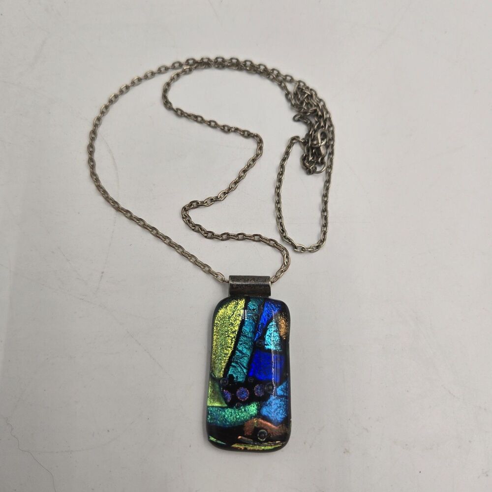 VTG Fused Dichroic Glass Pendant Necklace Sterling 925 Rainbow Art Glass Jewelry